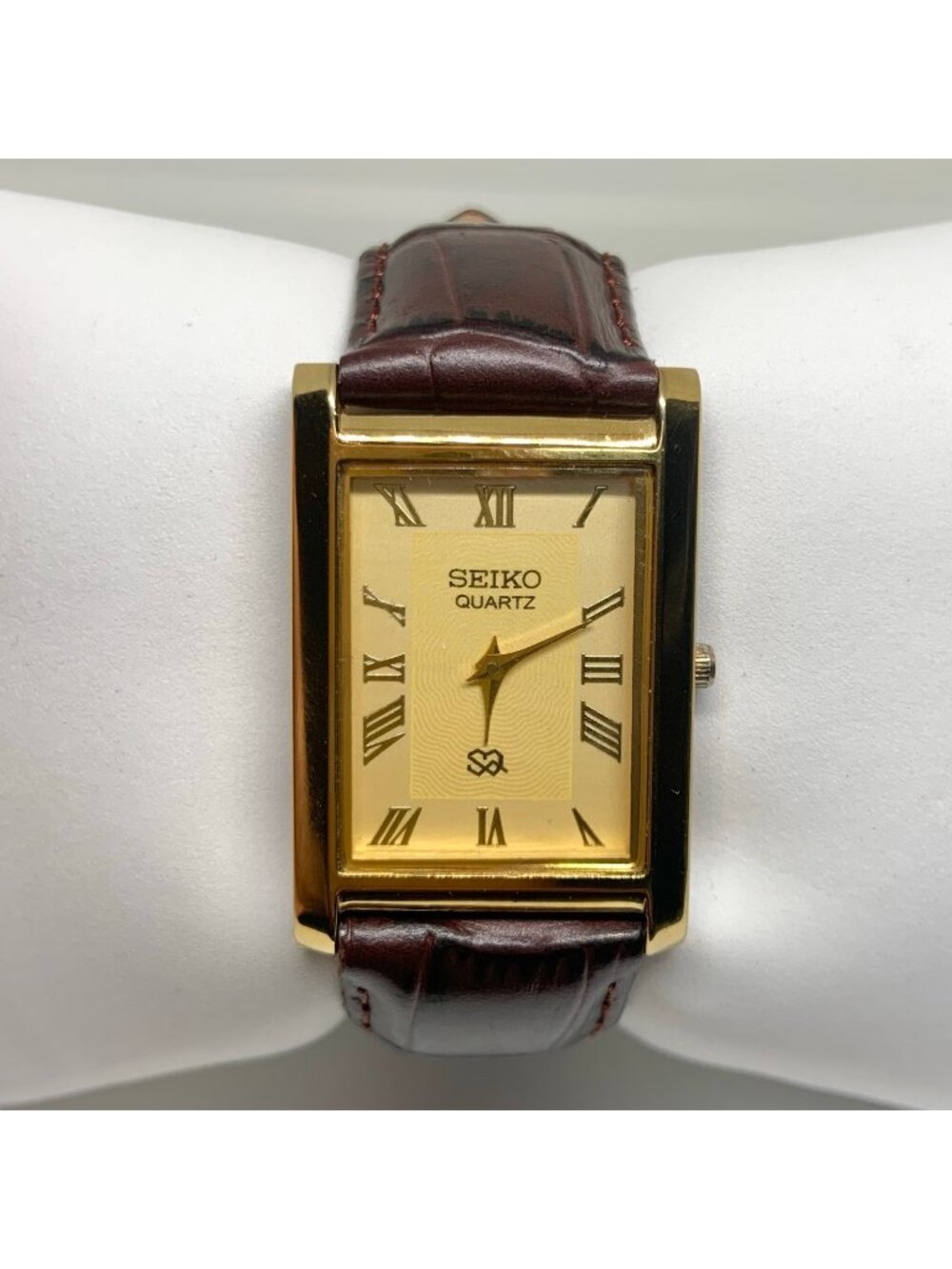 vtg Seiko Slim Tank Quartz Men Dress Watch 26mm Roman brown leather running